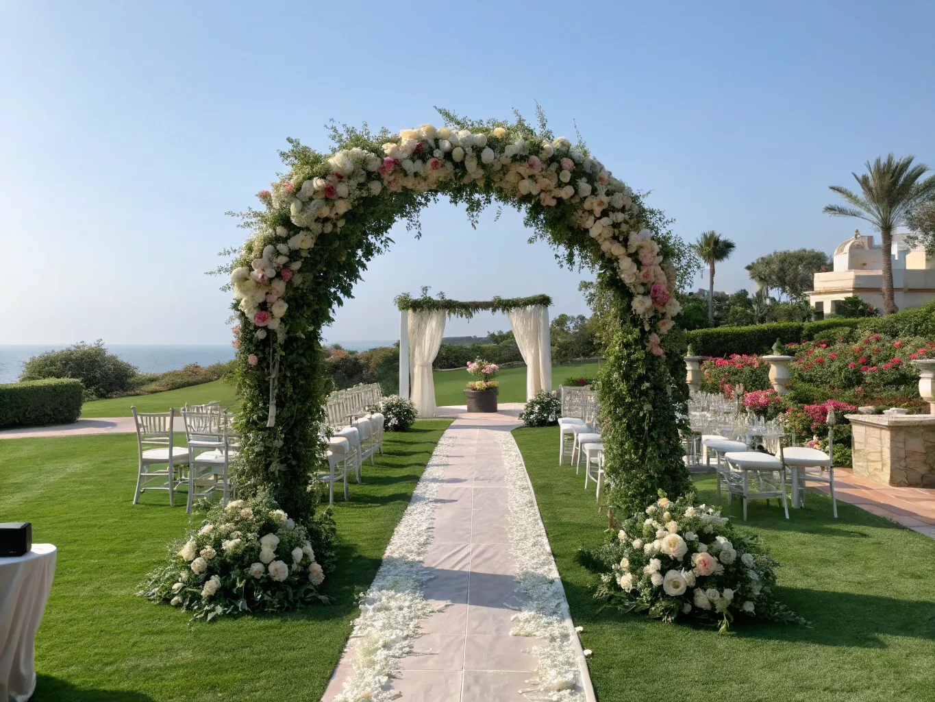 Elegant wedding ceremony with floral arch